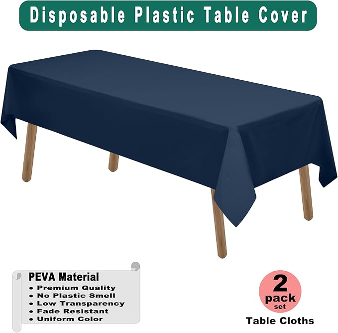 PARTY ULYJA Navy Blue Plastic Tablecloths 2 Pack 54 x 108 Inch Rectangle PEVA Vinyl Dark Table Covers for Parties, Picnic, Wedding's, 8 ft Table Use
