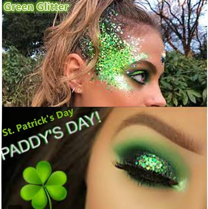 Go Ho Light Green Face Body Glitter,St Patricks Day Accessories - Sparkly Face Hair Glitter Makeup,Green Face Paint,Holographic Chunky Sequins Glitters for Eye Lip Hair
