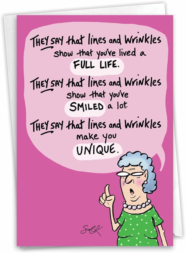 NobleWorks - 1 Funny Women's Birthday Card with Envelope - Cartoon Humor, Stationery Bday Celebration Card for Wife, Women - Lines and Wrinkles C9319BDG
