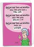NobleWorks - 1 Funny Women's Birthday Card with Envelope - Cartoon Humor, Stationery Bday Celebration Card for Wife, Women - Lines and Wrinkles C9319BDG