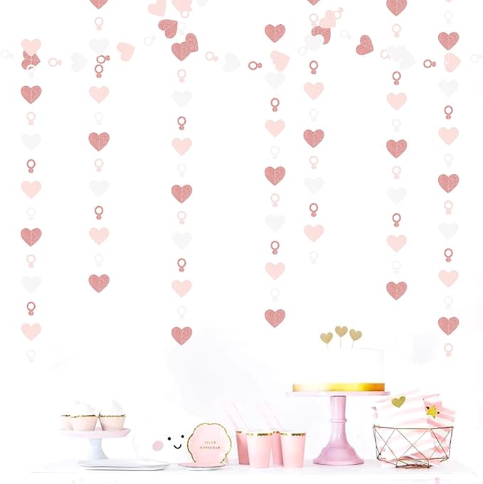 Rose-Gold Pink White Heart-Ring Garland - 52Ft Engagement Bachelorette Party Decorations Wedding Paper Streamers Banner,Valentines Day Galentines Proposal Decor Lasting Surprise