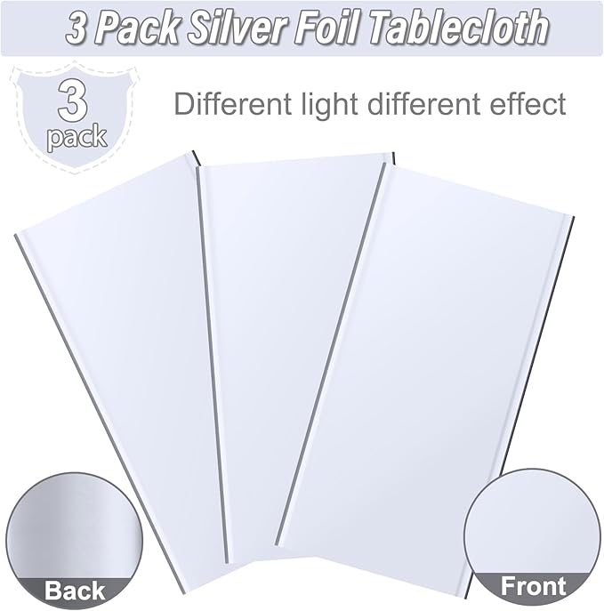 3 Pack Silver Plastic Tablecloth, Disposable Rectangle Table Covers, Holographic Metallic Foil Tablecloth Silver Party Supplies Decorations for Birthday Graduation Disco Bachelorette, 54x108Inch