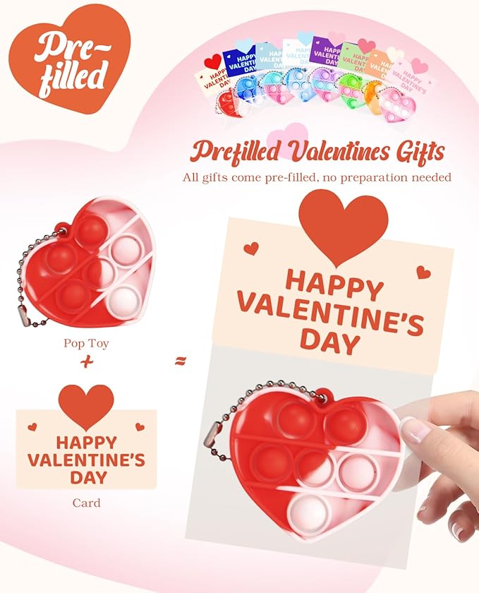 32 Pack Prefilled Valentines Day Pop Fidget & Cards Set for Kids Classroom - Mini Heart-Shaped Toys, for School Class Exchange & Party Favors