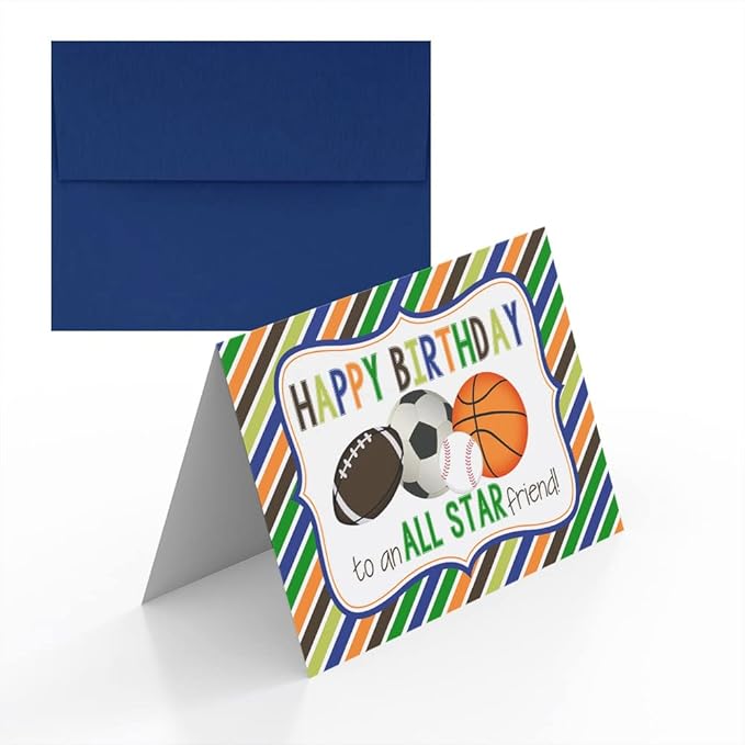 All Star Friend Sports Birthday Pun Themed Single (1) All Occasion Blank Birthday Card To Send To Friends & Family, 4"x 6" (when folded) Fill In Greeting Note Card by AmandaCreation