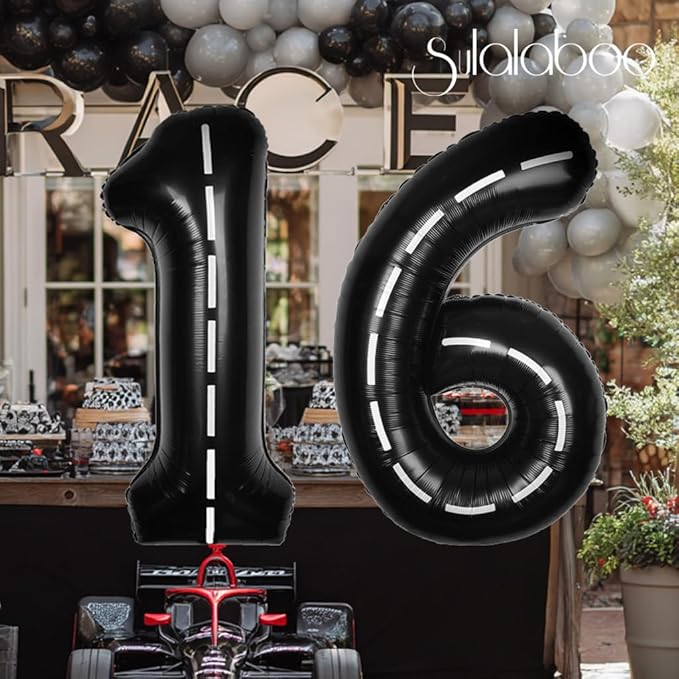 Race Car 40Inch Black 16 Balloon Number Large Helium Race Track 0-9 Giant Digital 16th Foil Mylar Big Party Number Balloons for Boy Birthday Car Theme Party Anniversary Graduation Decorations