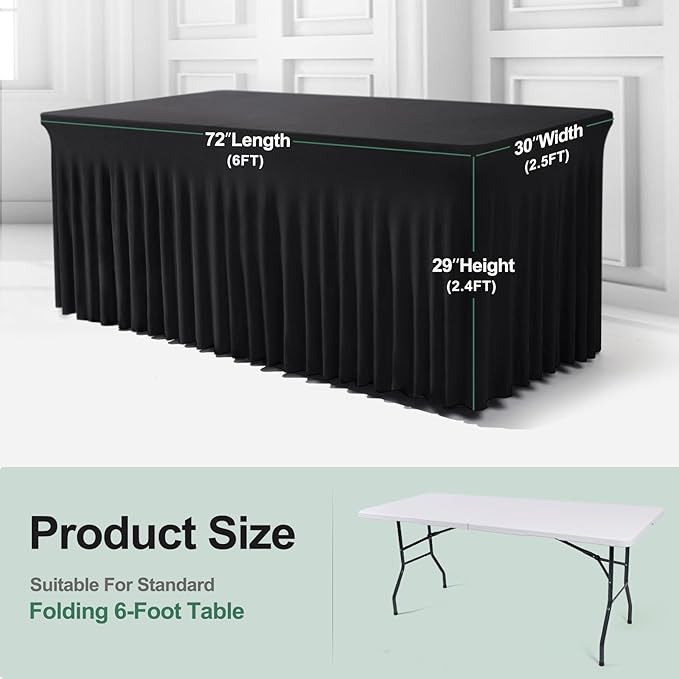 Table Skirts for Rectangle Tables 6ft - 2 Pack One-Piece Black Tablecloths and Skirt, Wrinkle Resistant Ruffles Elastic Cover for Banquets, Weddings, Events, Parties