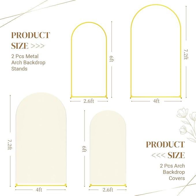 2 Metal Arch Backdrop Stand and 2 Cover Set, Sturdy 7.2FT, 6FT Party Backdrop Set, Wedding Arch Frame and Cover Set for Birthday, Baby Shower,Christmas, Anniversary(Beige)