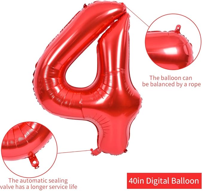 TONIFUL 40 Inch Red Large Numbers Balloons 0-9, Number 4 Digital 4 HeliumFoil Mylar Big Number Balloons for 2026 Mother's Day New Year Eve Graduation Valentine's Day Birthday Party Anniversary Party