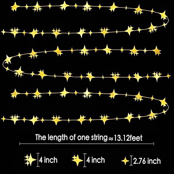 Glitter Gold Four-Angle Star Paper Garland Banner Décor 40 Feet Gold Twinkle Star Hanging Bunting Banner Backdrop for Wedding Baby Shower Birthday Graduation Disco Party Decorations
