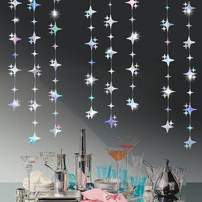 Glitter Iridescent Four-Angle Star Paper Garland Banner Décor 40 Feet Iridescent Twinkle Star Hanging Bunting Banner Backdrop for Wedding Baby Shower Birthday Graduation Disco Party Decorations