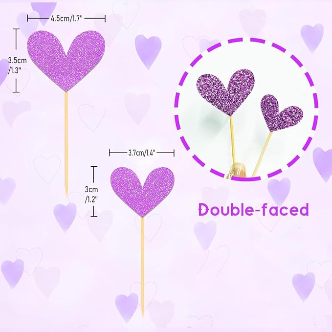 24Pcs Glitter Heart Cupcake Toppers for Valentine's Day Decorations, Mixed Size Double-Sided Heart Valentine's Day Cupcake Toppers for Wedding Bridal Shower Party Decorations (Purple)