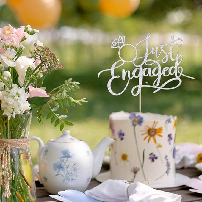 Just Engaged Cake Topper for Engagement Party Decorations, Engaged Ring Sign,We're Engaged Cake Toppers (silver)