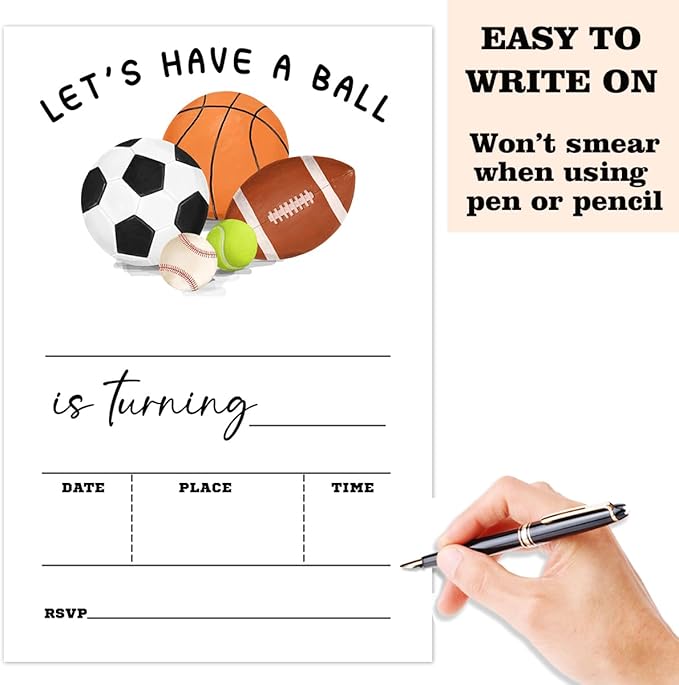 Ball Sports Birthday Party Invitation Cards For Girls Boys Kids, Sports Birthday Party Supplies Favors, 20 Fill-In Invitation Cards with Envelopes -21