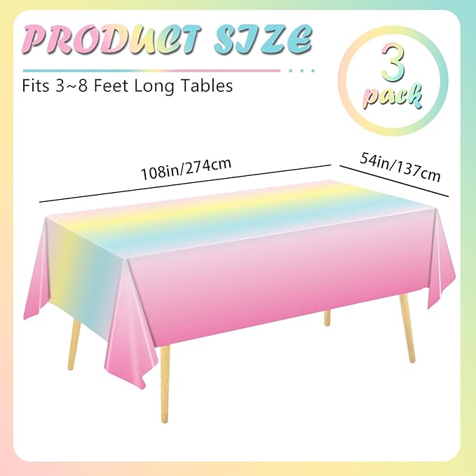 3 Pack Rainbow Tablecloth, Pastel Table Cloths for Parties Rainbow Princess Plastic Table Cloth Birthday Party Colorful Disposable Tablecloth for Pastel Birthday Party Decorations 54x108 Inch