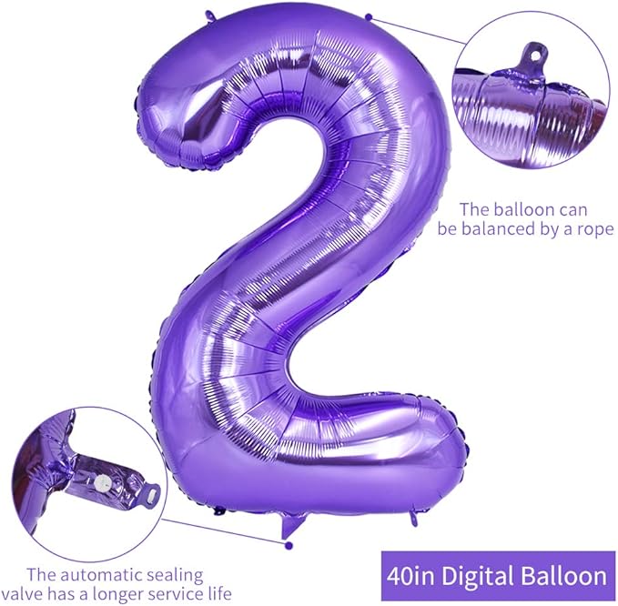 TONIFUL 40 Inch Purple Large Numbers Balloon 0-9 Birthday Party Decor,Foil Mylar Big Number Balloon Digital 2 for Birthday Party,Wedding, Bridal Shower Engagement Photo Shoot, Anniversary