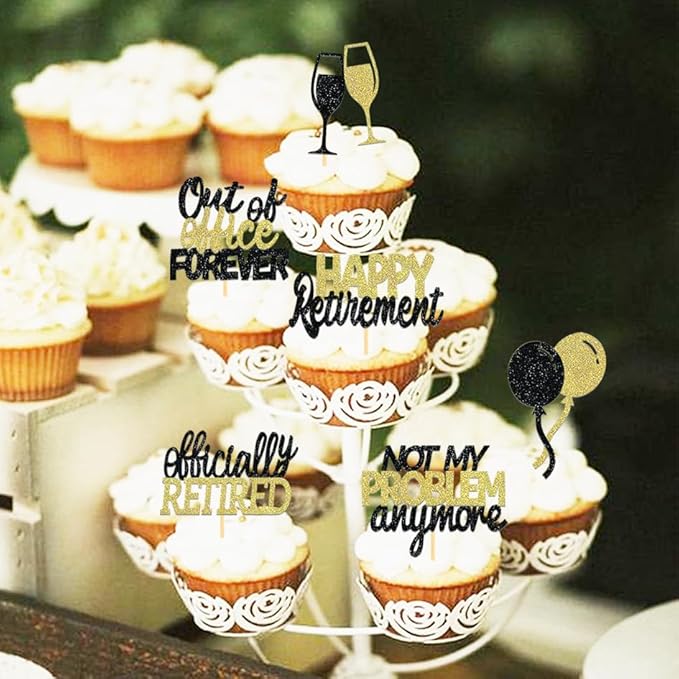 24 Pcs Happy Retirement Cupcake Toppers Officially Retired Cupcake Picks, Out Of Office Forever Retirement Theme Cake Toppers Decorations for Farewell Party Cakes (Black&Gold)