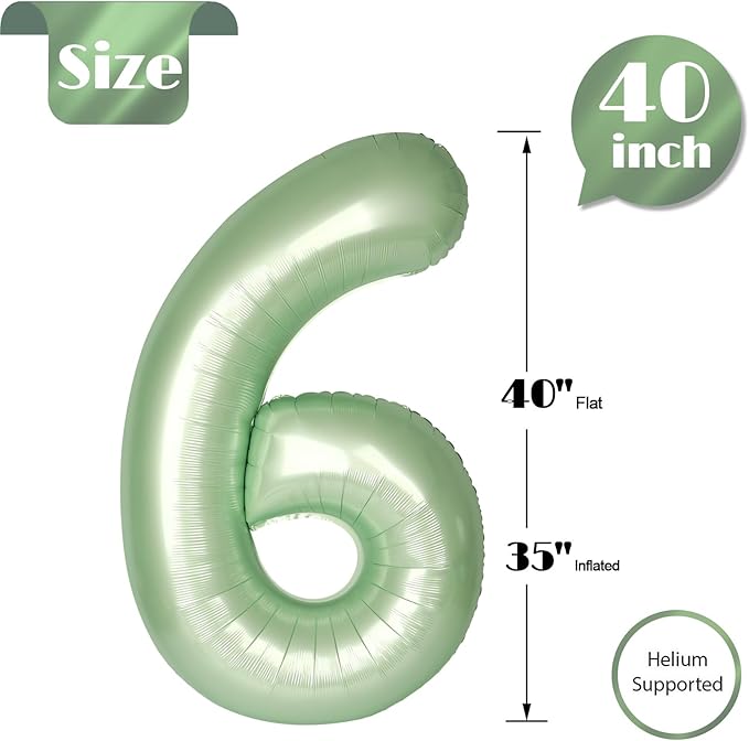 Sage Green Number 6 Balloon 40 Inch, 6 Balloon Number, 6th Birthday Decorations, Oliver Green Party Supplies for Boys Girls
