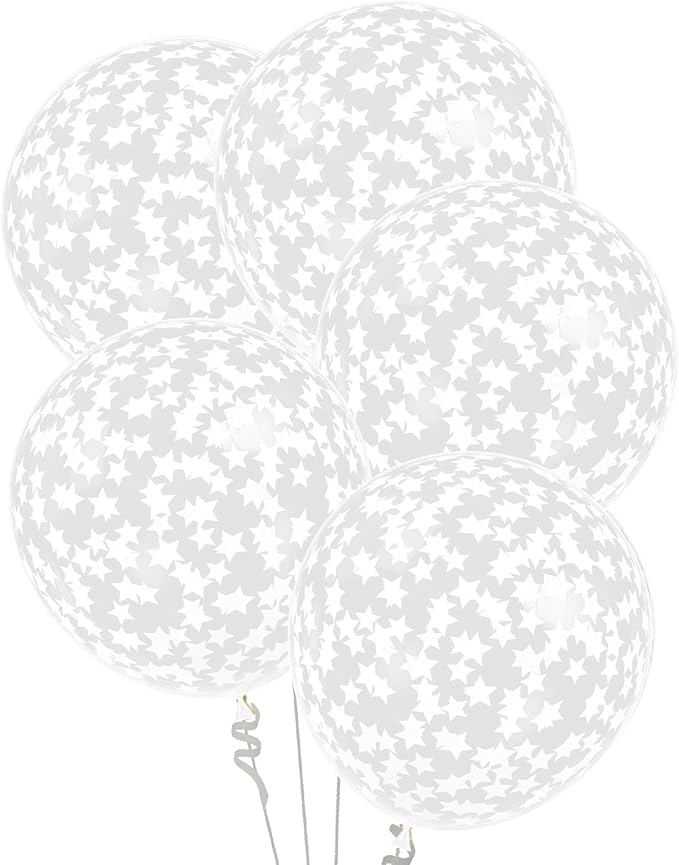 VHUWE 25 Pcs White Star Confetti Balloons, 12 Inch Clear Latex Balloon with Confetti Inside for Birthday Party Baby Shower Graduation Engagement Bridal Shower Decorations Supplies -White Star Confetti