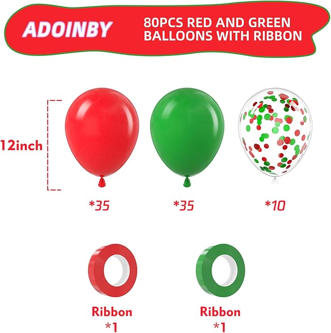Red and Green Balloons, 80Pcs 12inch Christmas Red Green Latex Balloons Confetti Balloons with 1 Ribbon for Christmas Birthday Baby Shower Wedding Graduation Party Decorations