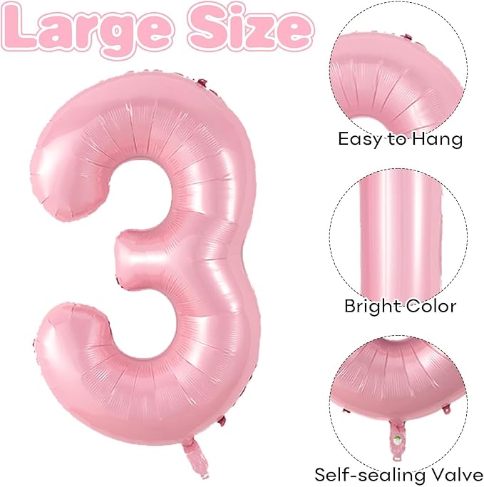 Biapian 40 Inch Pink 3 Balloon Number, Giant Light Pink 3 Foil Balloons Set, Pastel Pink Digital 3 Balloons Helium 3rd Birthday Balloons for Girls Women Princess 3 Year Old Birthday Party Decorations