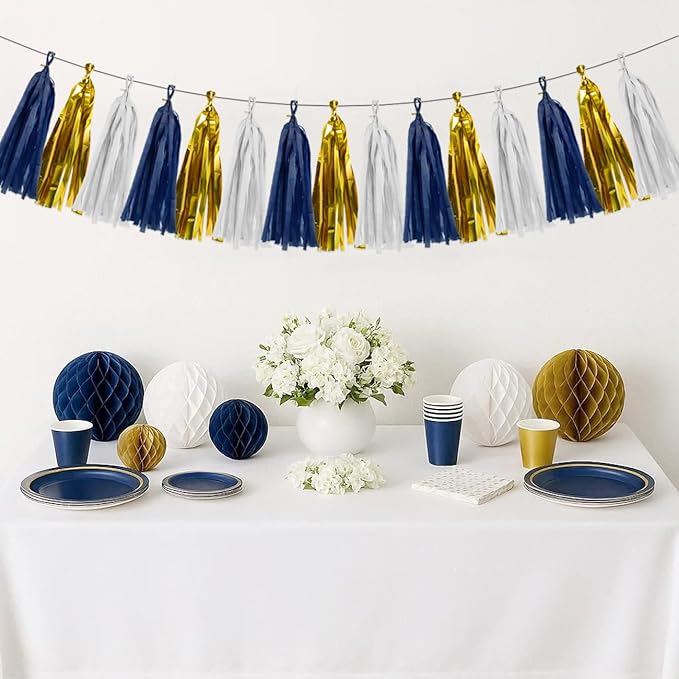 Navy-Blue White Gold Birthday-Party-Decorations - 15Pcs Tissue Paper Tassel Garland Graduation Decoration Baby Shower Bridal Wedding Engagement Bachelorette Hanging Decor HongTongTong