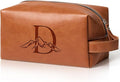 Personalized Gifts Travel Toiletry Bag for Men Engraved Initial PU Leather Waterproof Shaving Bag for Toiletries Accessories Fathers Day Birthday Gift for Men Dad Husband Son, Light Brown D