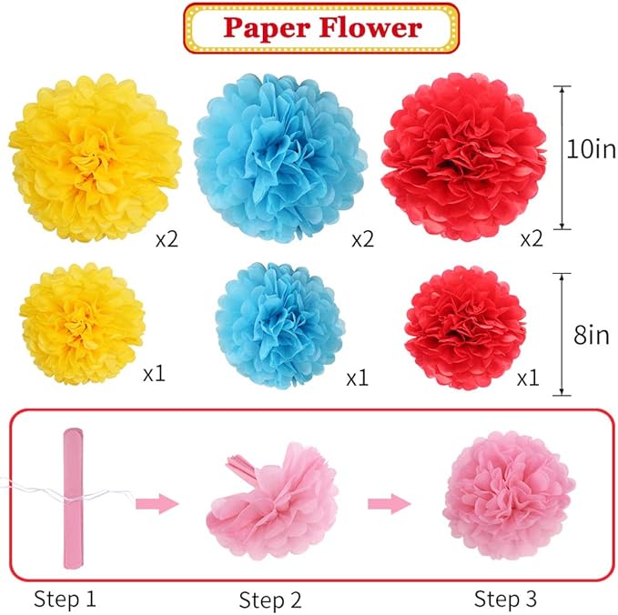 Carnival Circus Party Decorations, Red Yellow Blue Paper Lanterns and Pom Poms Flowers for Birthday Baby Showers Carnival Theme Rainbow Party Decor 15 Pieces