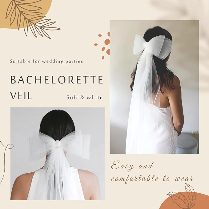 Bridal Veil Bachelorette Party Veil White Bow Wedding Veil Elegant Tulle Layer Hair Clip for Women and Girls