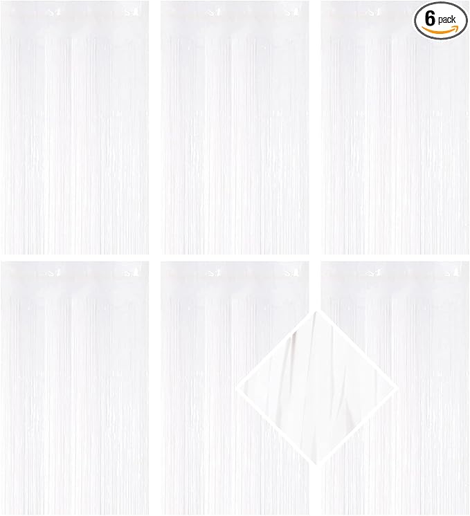 6 Pack White Foil Curtain Backdrop 3.2ft x 6.6ft Metallic Tinsel Fringe Backdrop Curtains Streamer Photo Booth Backdrop for Birthday Engagement Bachelorette Christmas Holiday Party Decorations