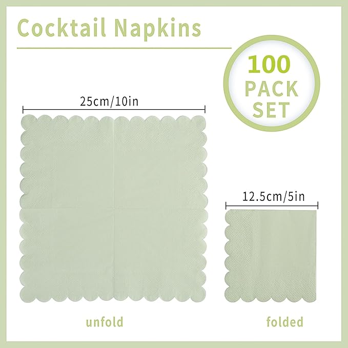100 Pack Cocktail Napkin 2-Ply Scalloped Edged Dessert Napkins Folded 5 x 5 Inches Disposable Napkins for Dinner Wedding Birthday Party Bridal Anniversary Reception Event (Sage Green)