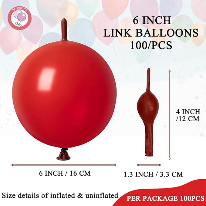 IN-JOOYAA 6 Inch Red Latex Link Balloon 100 Pcs Quick Linkable Balloon for Party Decoration