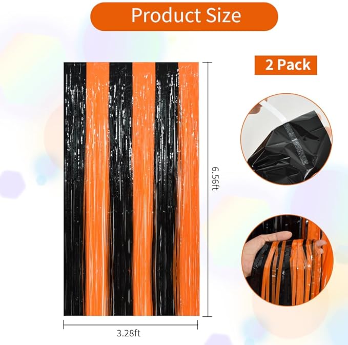TONIFUL 2Pcs Black Orange Door Streamers,Photo Booth Backdrop Metallic Streamers Foil Fringe Curtains for Birthday,Christmas,New Year,Bachelorette,Halloween Party Streamers Decor(6.6ft x 6.6ft)