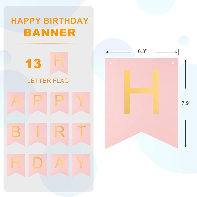 Pink Happy Birthday Banner - Hanging Backdrop Sign with Gold Letters, Happy Birthday Sign Bunting Decorations for Women men Kids Baby Shower Party Supplies (13pcs)