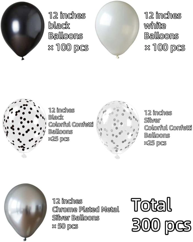 300 Pcs Black Silver Confetti Balloons Set Lncludes 12 inch Black White Silver and Confetti Balloon for Birthday Party Supplies Wedding Graduation Decorations