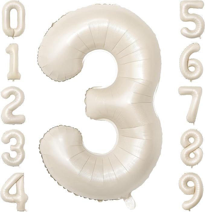 40 Inch Beige Number Balloon 3, Large Cream Number Foil Mylar Balloons for Birthday Party Celebration Decorations Supplies, Digital Balloons for Wedding Anniversary Events Decorations