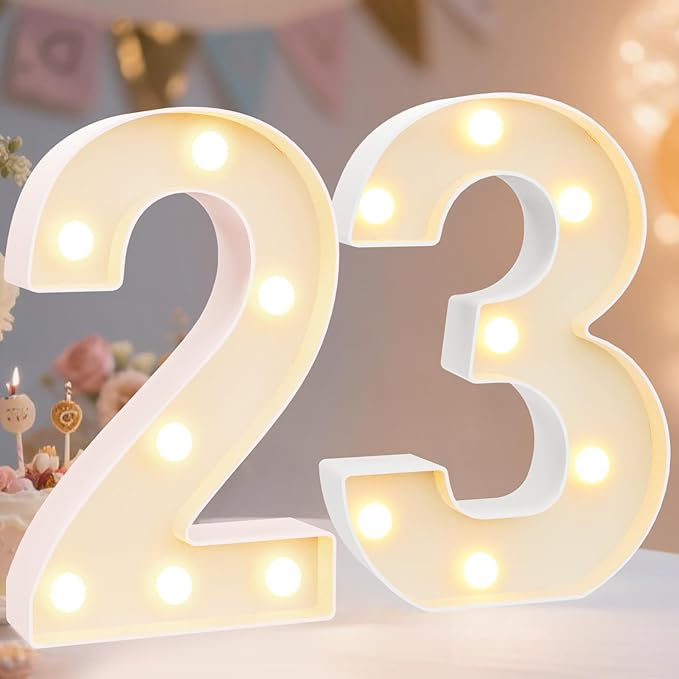 Pooqla Decorative Led Light Up Number Letters, White Plastic Marquee Number Lights Sign for 23th Birthday Party Wedding Decor Battery Operated Number (23)