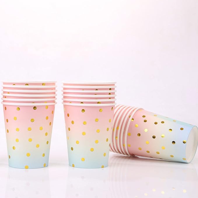 200 Pcs Pastel Party Decorations,Golden Dot Disposable Paper Plates Set,Pastel Plates and Napkins Party Supplies for Birthday Baby Shower Wedding Rainbow Party