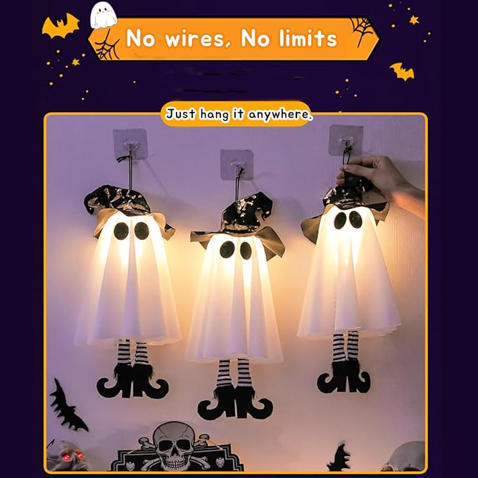 2025 New Halloween Hanging Ghosts, 18" Halloween Decorations Outdoor Hanging Ghosts with Witch Hat,Glowing Witch Hat Ghost with High Heels,for Yard Patio Garden Tree Outside(2PCS)