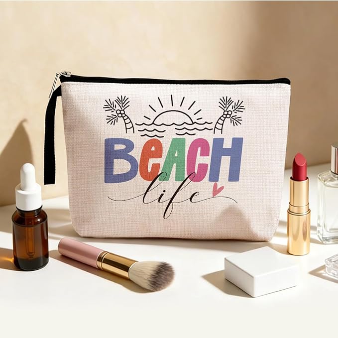 Beach Necessities Sunscreen Bags for Beach Makeup Bag Funny Vacation Gift beach Lover Gifts for Women Funny Ocean beach Themed Cosmetic Bag