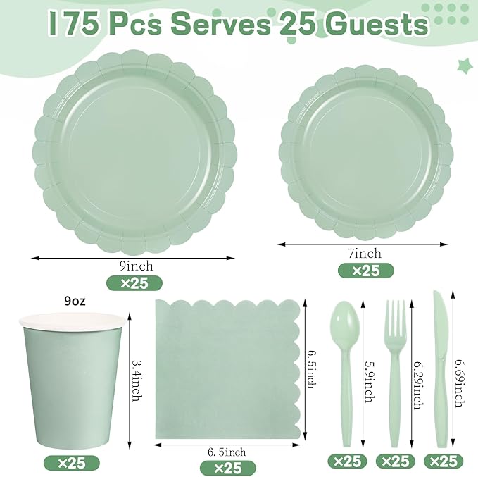 175 Pcs Party Plates and Cups and Napkins Sets, 9" Easter Plates, 7" Dessert Plate, 9oz Cups & Cutlery, 25 Guest Scalloped Sage Green Party Supplies for Easter, Bridal Baby Shower, Birthday