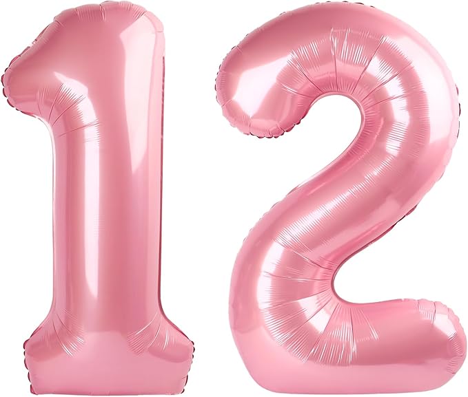 12 Number Balloons, 40 Inch Pearl Pink Balloons for Woman Man 12th Birthday Decoration, Foil Number 12 Ballon for 12, 21 Anniversary, Bridal Shower, Graduation, Wedding, Valentine's Day, Mother's Day