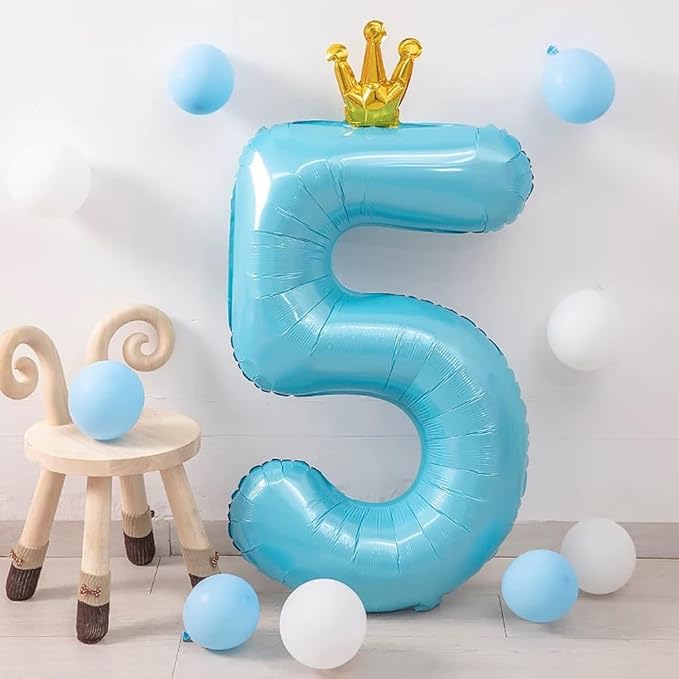 Blue Number 5 Balloon with Crown, 40 inch Blue Number Balloon 5th Birthday Party Decoration BlueCrown Balloons 0-9 for Birthday Party Anniversary Decorations Supplies