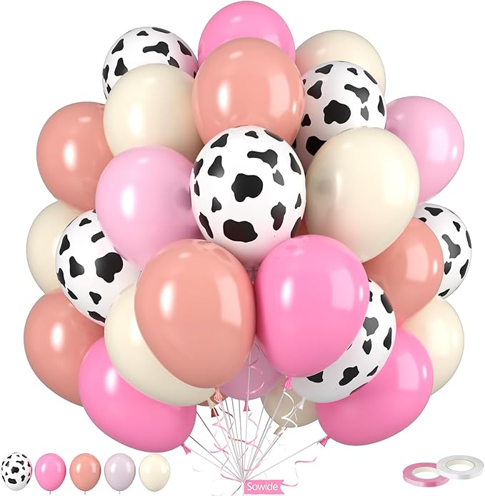 Pink Cow Print Balloons, Cow Balloons 50pcs 12 Inch Pastel Pink Macaron Pink Dusty Rose Neutral Ivory for Girl Pink Cow Birthday Western Party Baby Shower Wedding Bachelorette Farm Theme Decorations