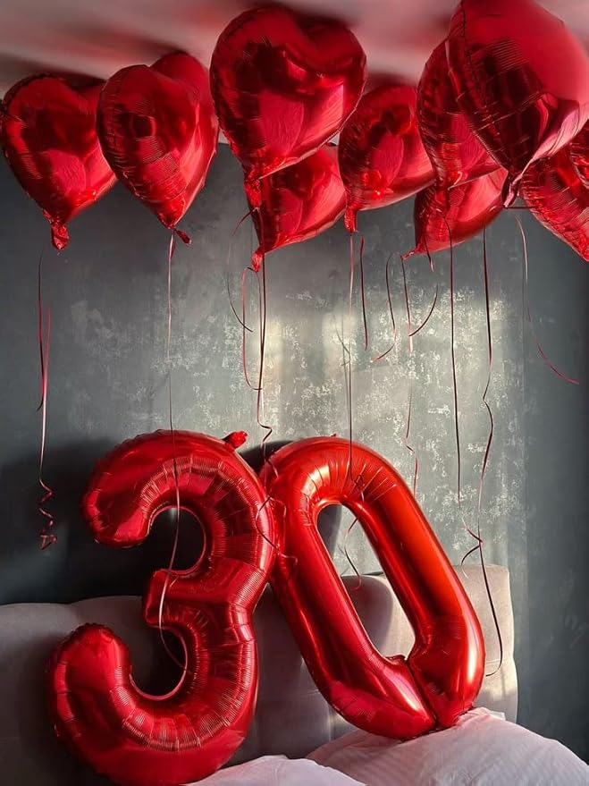 Number 30 Balloons, 40 Inch Balloons for Woman Man 30th Red Birthday Party Decoration, Foil Number Ballon for 30 Valentine's Day, Anniversary, Bridal Shower, Graduation
