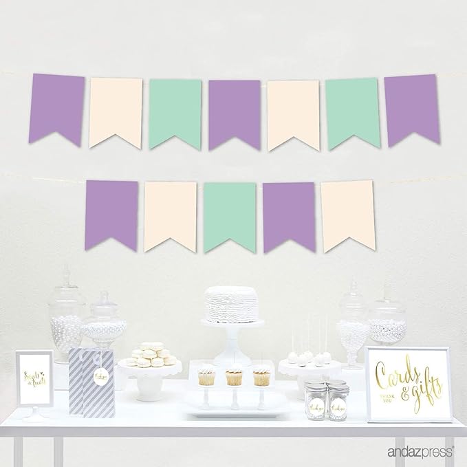 Andaz Press Hanging Pennant Banner with String, Lavender, Ivory, Mint, 1-Set, 24 Pennants, Approx. 12-Feet Long