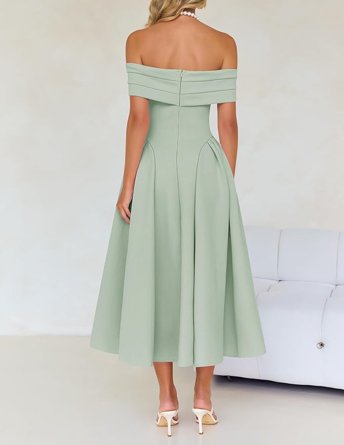 ZESICA Summer 2026 Cocktail Dresses for Women's Off Shoulder Short Sleeve Swing A Line Wedding Evening Party Midi Dress