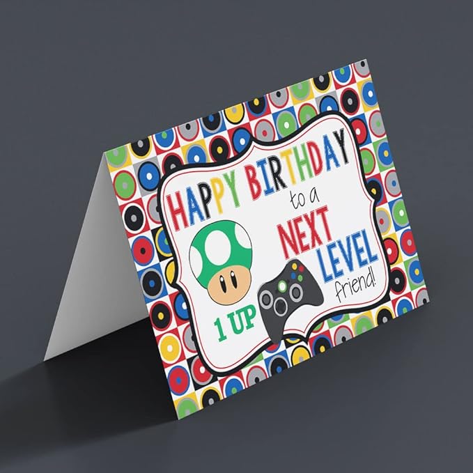 Next Level Friend Video Game Birthday Pun Themed Single (1) All Occasion Blank Birthday Card To Send To Friends & Family, 4"x 6" (when folded) Fill In Greeting Note Card by AmandaCreation