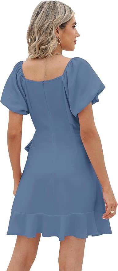 Sampeel Womens Summer Dresses Square Neck Puff Sleeve Tie Waist Short Dress
