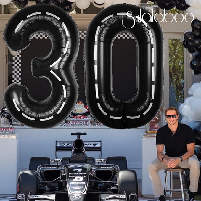 Race Car 40Inch Black 30 Balloon Number Large Helium Race Track 0-9 Giant Digital 30th Foil Mylar Big Party Number Balloons for Boy Birthday Car Theme Party Anniversary Graduation Decorations
