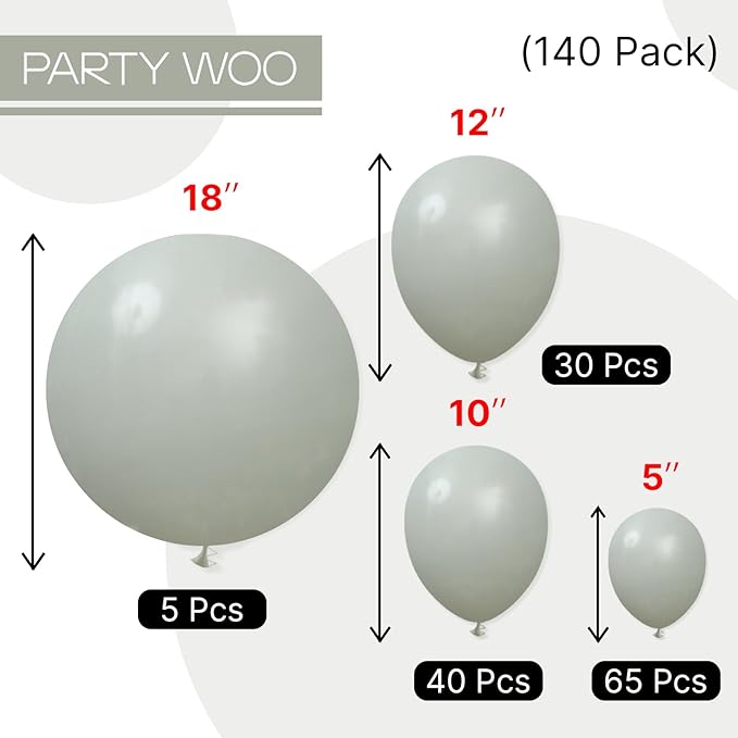 PartyWoo Dusty Green Balloons 140pcs Different Sizes Pack of 18 12 10 5 Inch Sage Olive Eucalyptus Green Boho Neutral Balloon Arch Kit for Jungle Woodland Theme Birthday Party Decorations Green-F59
